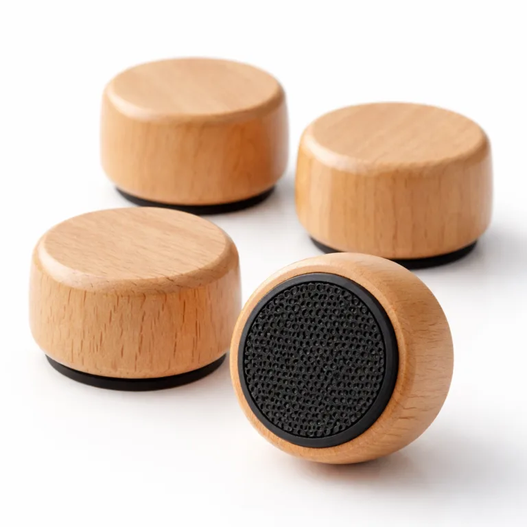 Close-up studio photo of a round beech wooden table leg cap, treated with a matte-oiled finish and equipped with small anti-slip feet underneath, providing floor safety and elegant wood texture.