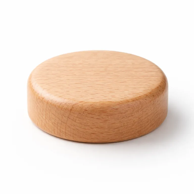 A high-resolution studio image of a single wooden table leg cap made from beech wood, featuring a classic round shape with a natural wood finish and smoothly rounded edges. Perfect for protecting floors and enhancing furniture aesthetics.