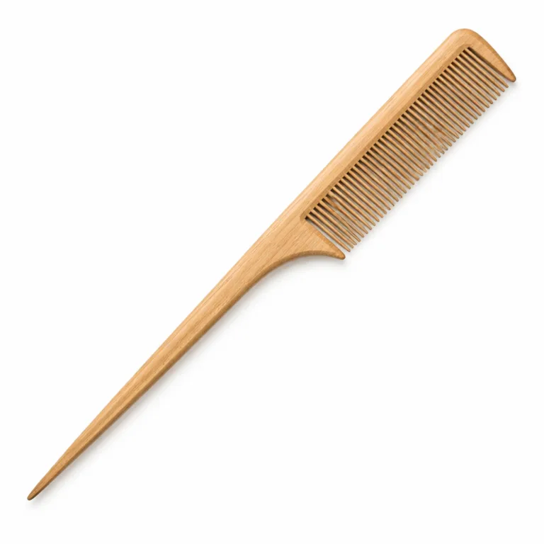 This variant features a slim wooden tail comb in natural beech wood, highlighting organic grain and a smooth hand-finished texture, perfect for precise sectioning and styling.