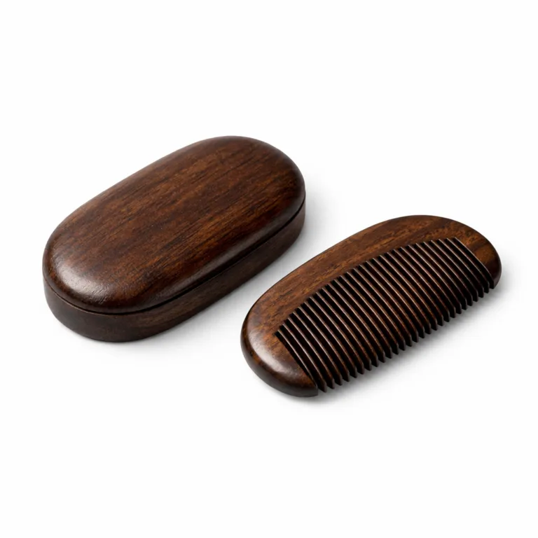 A portable travel comb with snug-fit case, crafted in beech wood and treated for a carbonized dark finish with a smooth polished surface. Ideal for those who prefer a refined, rustic style.