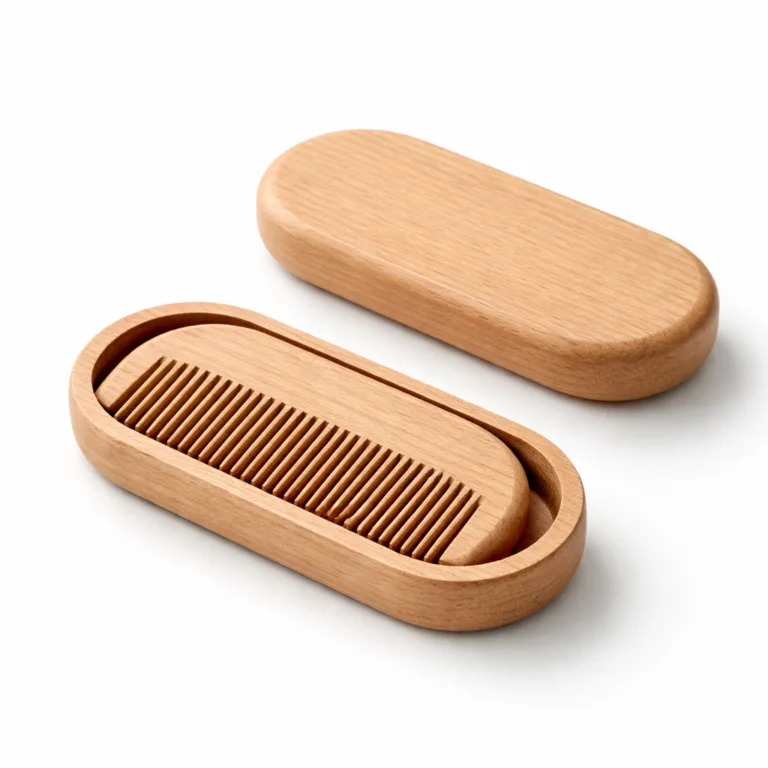 A compact, oval-shaped beech wood travel comb with a natural finish, featuring rounded edges for comfort and a matching wooden case. The wood grain is subtly visible, suitable for travel or everyday use.