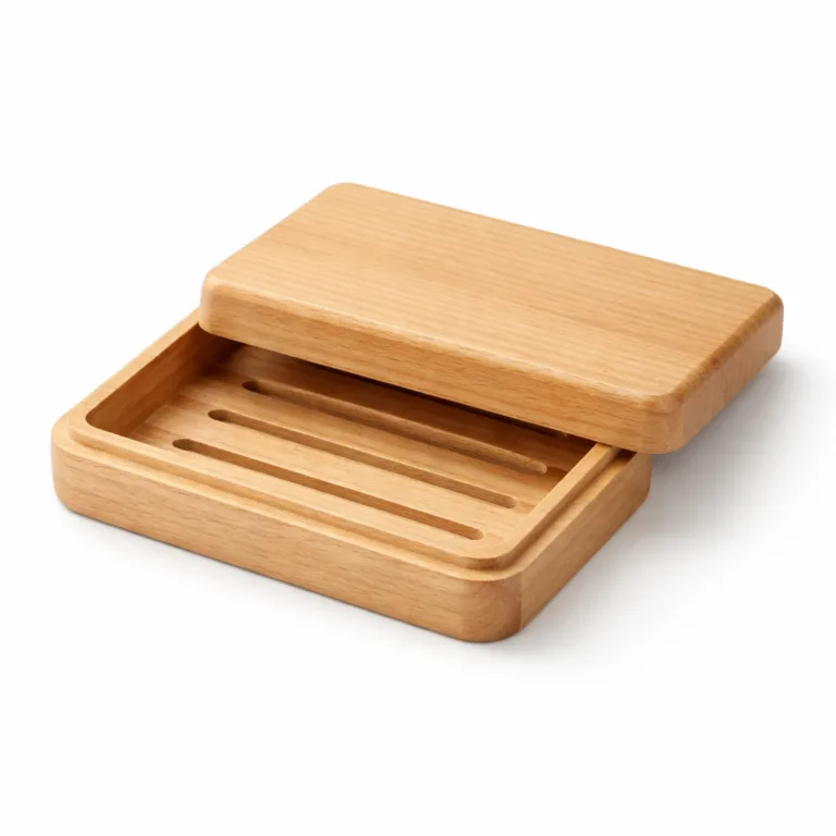 Natural beech wood travel soap dish designed with subtly beveled edges and a precisely fitted lid. This variant offers an elegant, refined touch, perfectly suited for organized travel use. Captured in a professional studio setting with a white background.