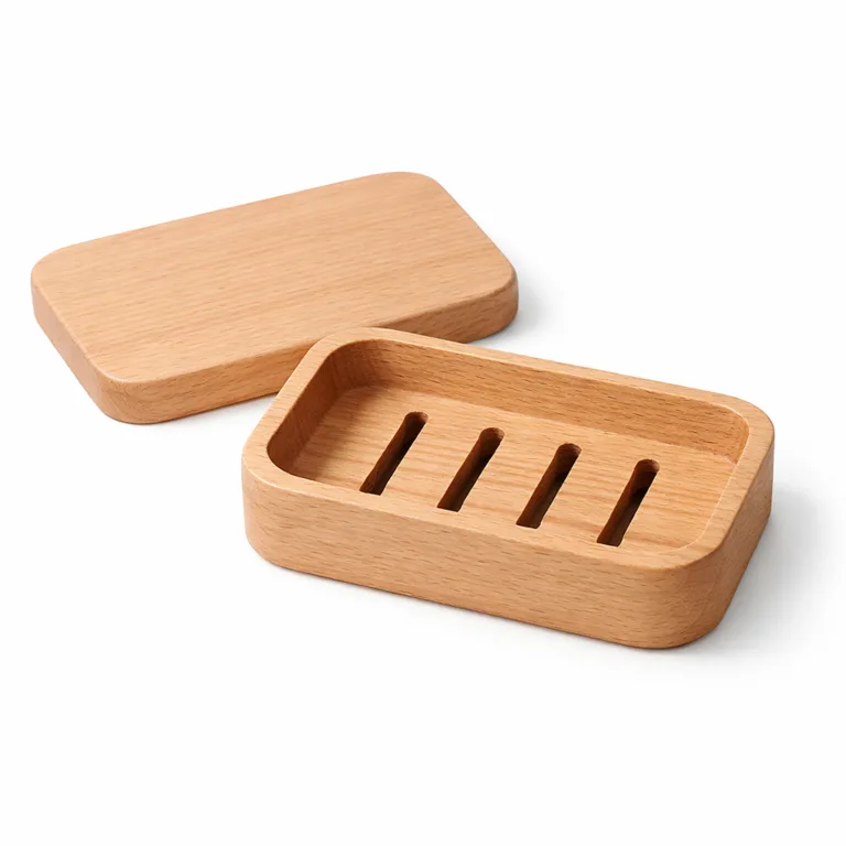 Functional beech wood travel soap dish in a rectangular form, highlighting water drainage slots in the base and a snug lid to keep soap secure and dry. Photographed with sharp details on a pure white background for clear online presentation.
