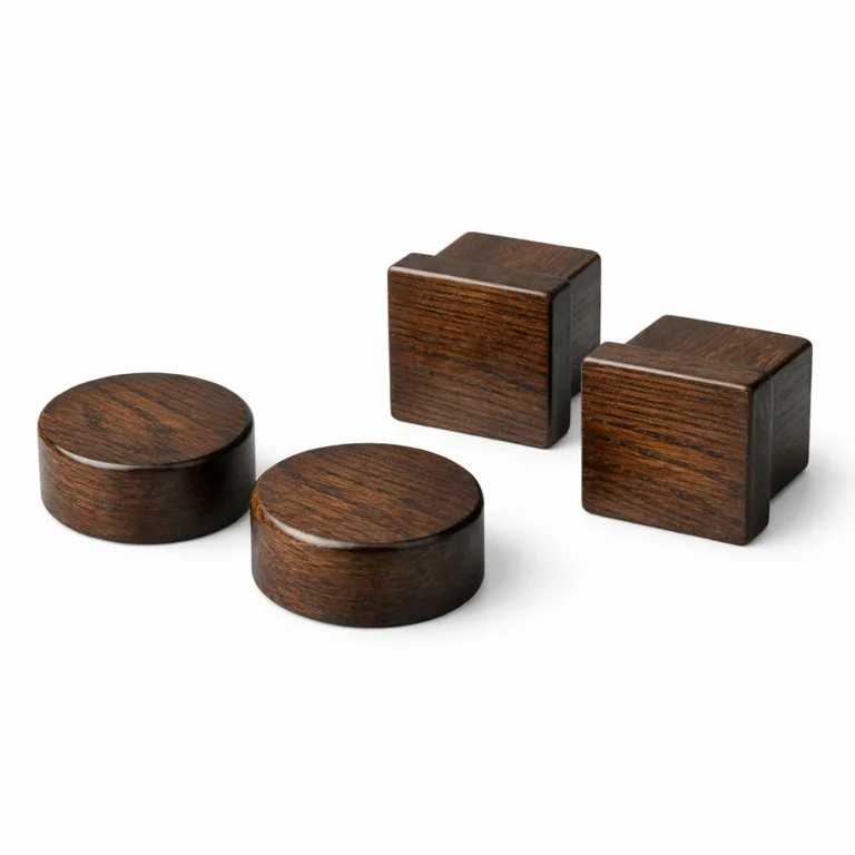 A carbonized finish oak wardrobe hanger rod end with a sleek, subtly darkened surface, highlighting feasible manufacturing variants.