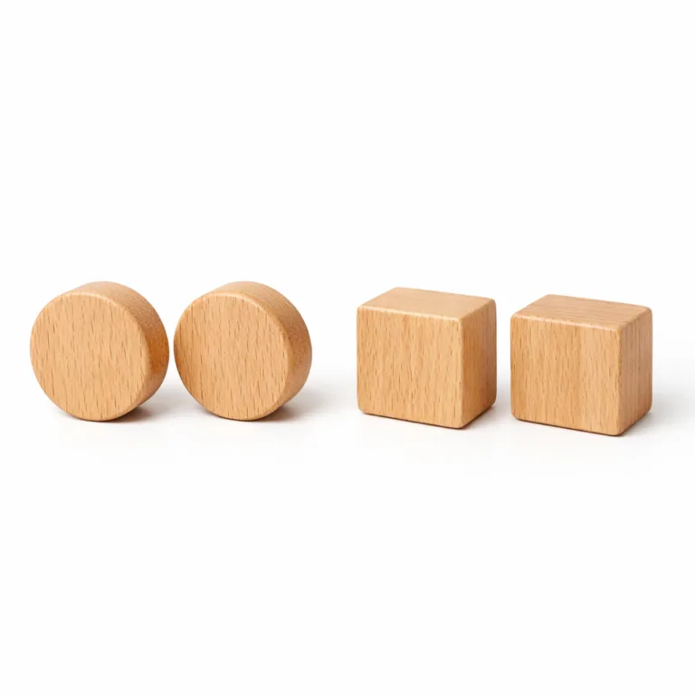 Single natural finish beech wooden wardrobe hanger rod end, showcasing circular and square profiles. High realism, ideal for e-commerce display.