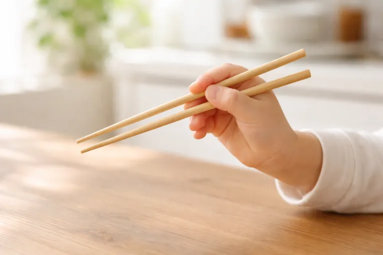 A clean, natural-light kitchen scene showing a young child skillfully grasping bamboo chopsticks, representing the start of teaching kids chopsticks.