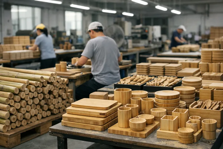 Shows the scale and cleanliness of a Chinese bamboo factory, ideal for those learning how to source bamboo products from China: a beginner's guide.