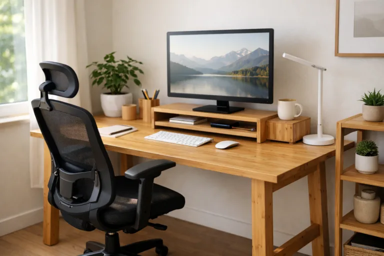 A thoughtful workplace highlights affordable bamboo furniture designed for optimal ergonomics, featuring natural light and space-saving placement.