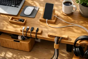 A visually clean bamboo desk showing seamless cable management using sustainable bamboo trays and clips, in a sunlit workspace setting.