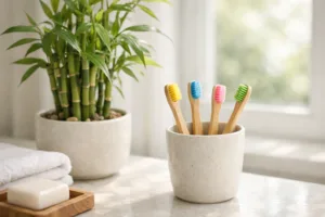 A welcoming bathroom with several kids' bamboo toothbrushes, emphasizing natural materials and a sustainable dental care environment.