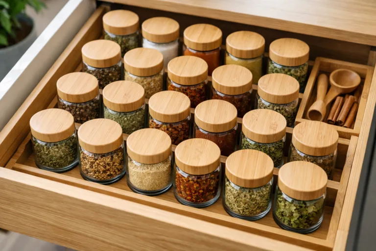 A modern kitchen drawer filled with uniform bamboo spice jars, neatly labeled and arranged, showcasing natural materials and sustainable organization.