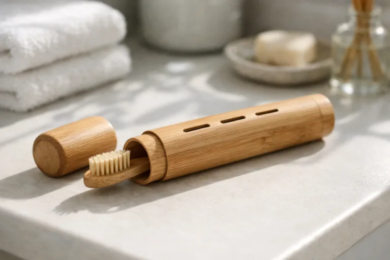 A ventilated bamboo travel case and bamboo toothbrush, highlighting eco-friendly oral care while traveling.
