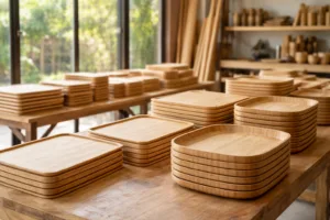 A bright, orderly bamboo products workshop showing raw and semi-finished bamboo items in various production stages, reflecting the need for effective inventory planning during peak season.
