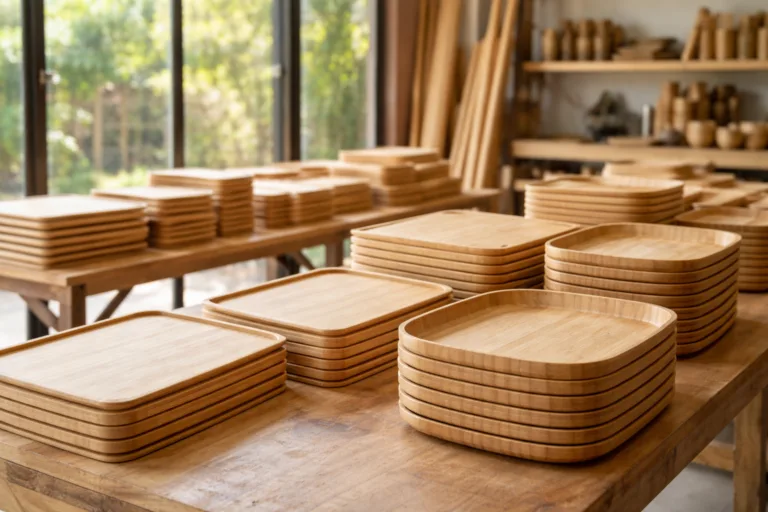A bright, orderly bamboo products workshop showing raw and semi-finished bamboo items in various production stages, reflecting the need for effective inventory planning during peak season.