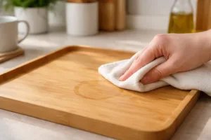 Shows the process of removing a water ring from a bamboo tray with a gentle cloth in a clean, modern kitchen.