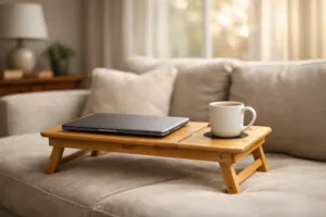 This image features a modern home workspace with a couch desking setup. The bamboo lap desk is displayed in a well-lit, comfortable environment highlighting its natural appeal and usefulness for remote work.