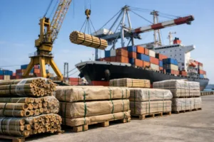 A clear view of bamboo timber goods loaded onto a vessel, representing the FOB Incoterm process in international exports.