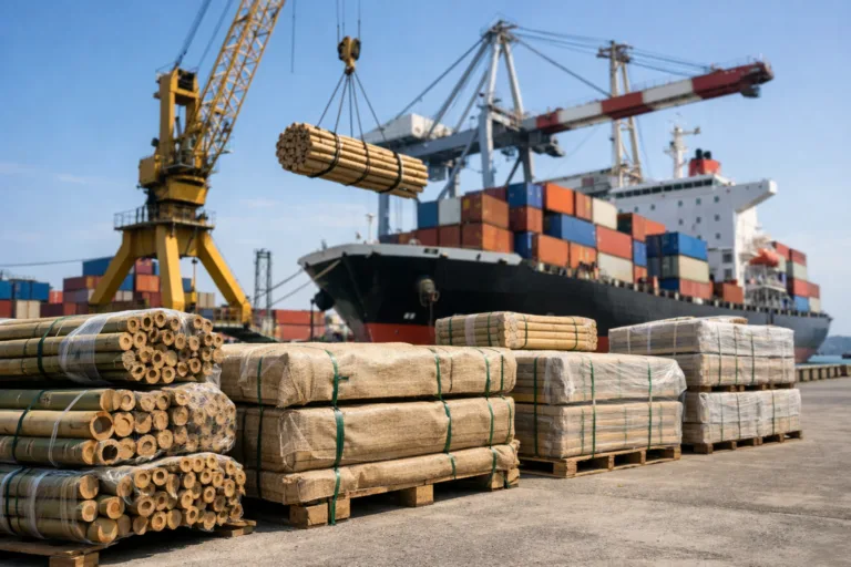 A clear view of bamboo timber goods loaded onto a vessel, representing the FOB Incoterm process in international exports.