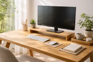 A minimalist bamboo wood desk setup with natural accessories in a well-lit, calm home office environment, representing the theme of productivity and simplicity.