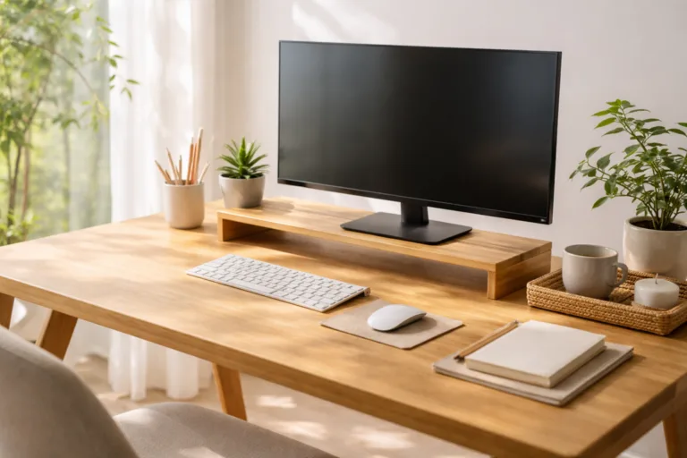 A minimalist bamboo wood desk setup with natural accessories in a well-lit, calm home office environment, representing the theme of productivity and simplicity.