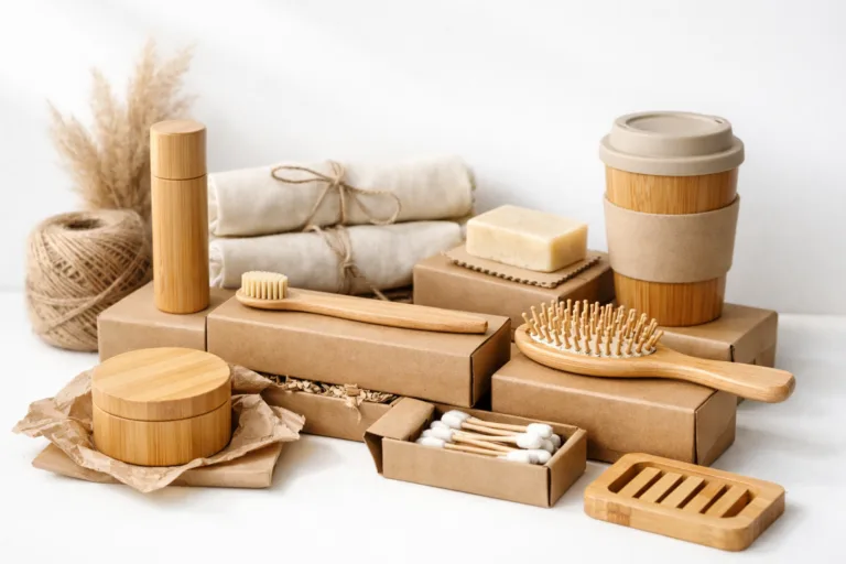 A display of private label bamboo goods with sustainable packaging options. The mood is professional and fresh, emphasizing clean and eco-conscious branding.
