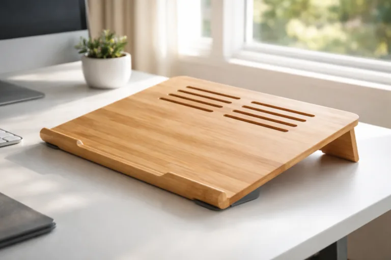 A clean workspace featuring a vented bamboo wooden laptop stand designed for improved cooling effect, highlighting ergonomic construction and vent details.