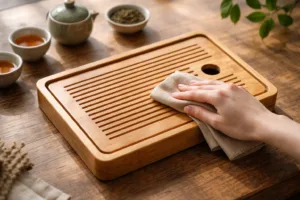 A soft-cloth cleaning routine for a bamboo tea tray, showing the gentle removal of stains and moisture to preserve bamboo’s natural sheen.