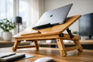 A photo-realistic image emphasizing an adjustable bamboo wood laptop table in a sunlit, organized workspace. The scene highlights the table's versatile tilt and clean design for ergonomic use.
