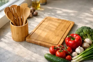 A modern kitchen countertop set with bamboo utensils and a bamboo cutting board, representing the shift toward sustainable kitchenware to reduce carbon footprint.