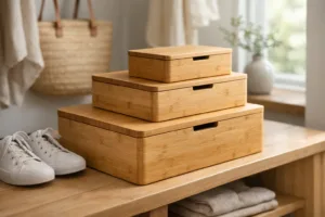 Orderly bamboo storage boxes create a welcoming entryway, illustrating the KonMari approach in a bright, calming environment.