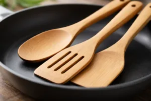 A photo-realistic scene showing smooth bamboo utensils placed gently atop a non-stick pan, highlighting their scratch-free compatibility and eco-friendly appeal.