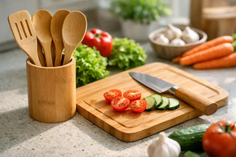 A bamboo utensil set and cutting board styled for a vegan kitchen, showcasing eco-friendly gifting options. Natural lighting enhances the sustainable theme.