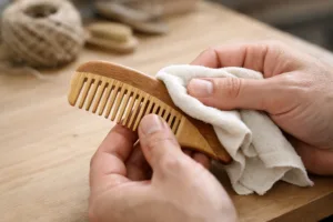 A craftsman carefully wipes a bamboo and wooden comb with a soft cloth to highlight best cleaning practices while keeping the tool in excellent condition.