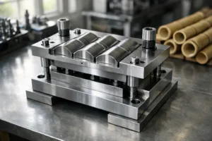 Steel custom mold used in pressed bamboo manufacturing processes, placed on an organized workbench to highlight precision engineering.