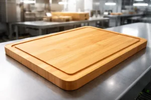 A bamboo cutting board is showcased with smooth, food-safe surface under bright studio lights, representing strict FDA standards for food contact materials.
