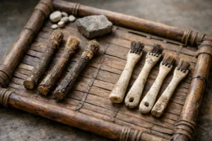 This image displays early dental hygiene materials, emphasizing twig, bone, and wooden implements as part of the History of the Toothbrush: The Return to Wood theme.