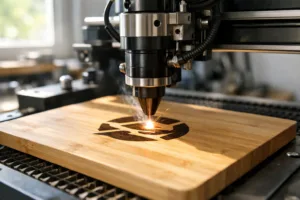 The scene shows precise laser engraving on a bamboo board, highlighting the quality and sharpness of the process compared to traditional printing.