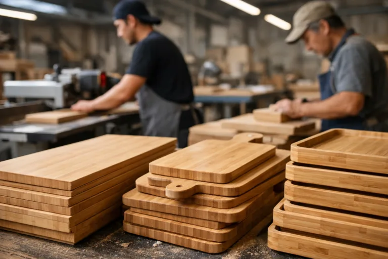 A professional bamboo manufacturing environment illustrating the OEM production process with high-quality bamboo products and materials.