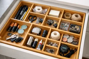 A top view of a junk drawer organized with bamboo dividers, highlighting natural material and seamless organization.