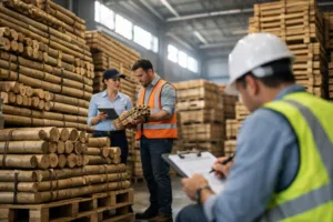 A roomy warehouse shows bamboo and wood being inspected, highlighting the importance of risk management in overseas sourcing for these natural materials.