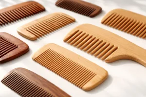 A professional, clean flat lay showing an assortment of wooden and bamboo combs. The composition highlights their smooth finish and sustainable materials.
