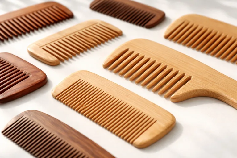 A professional, clean flat lay showing an assortment of wooden and bamboo combs. The composition highlights their smooth finish and sustainable materials.