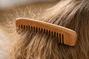 A high-resolution image showing a wooden comb in action, visibly smoothing frizzy, static-prone hair, with a gentle and natural ambiance.