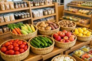 A busy, modern grocery section gathering visual warmth and organization using different bamboo basket shapes and sizes for merchandising.