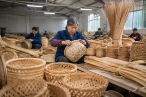 Basket craftspersons weaving and assembling bamboo baskets, illustrating the difference between standard and bespoke production for wholesale buyers.