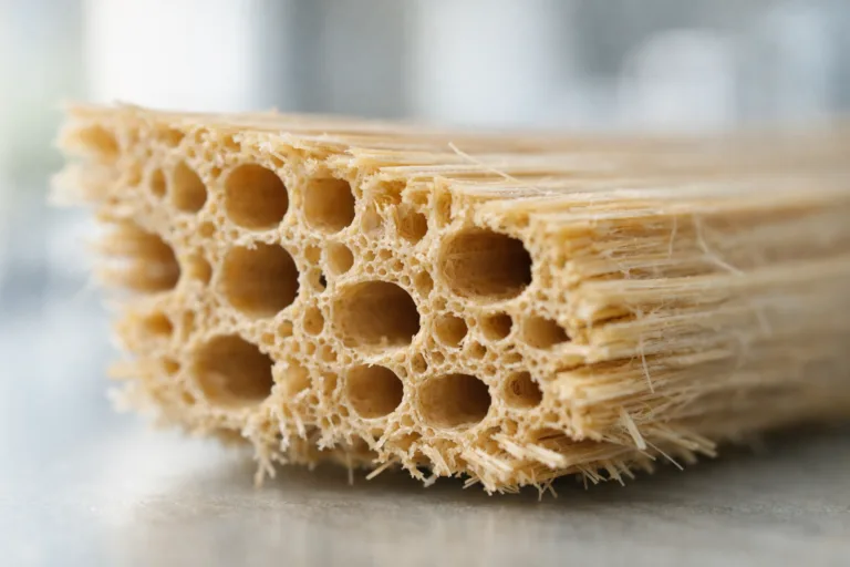 This image reveals the intricate cellular composition of bamboo, illustrating how its porous, fiber-rich design impedes heat transfer compared to metals.