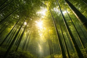 A sun-dappled bamboo forest, highlighting the rapid, renewable growth that begins the lifecycle of sustainable bamboo kitchen products.