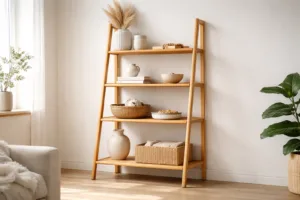 A detailed image showing a bamboo shelf displaying common quality problems such as instability and minor warping, presented in a realistic living space.