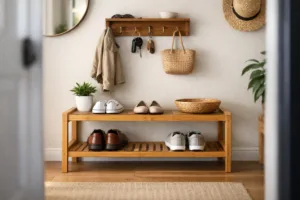 A photo-realistic image of a contemporary entryway featuring a neatly arranged bamboo shoe rack and a wooden key holder, underlining tidy habits.