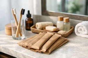 Modern hotel amenity arrangement showing bamboo toothbrushes in paper wrappers as part of guest kits.